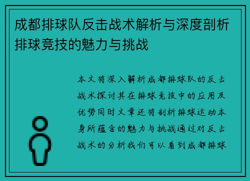 成都排球队反击战术解析与深度剖析排球竞技的魅力与挑战